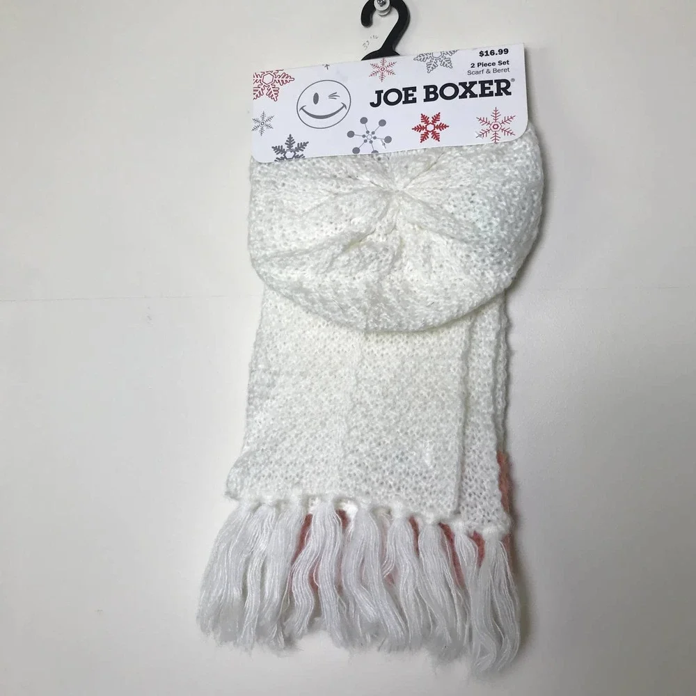 Joe Boxer Scarf‎ Beret Set Womens One Size Soft Pink White Cold Weather Knitted